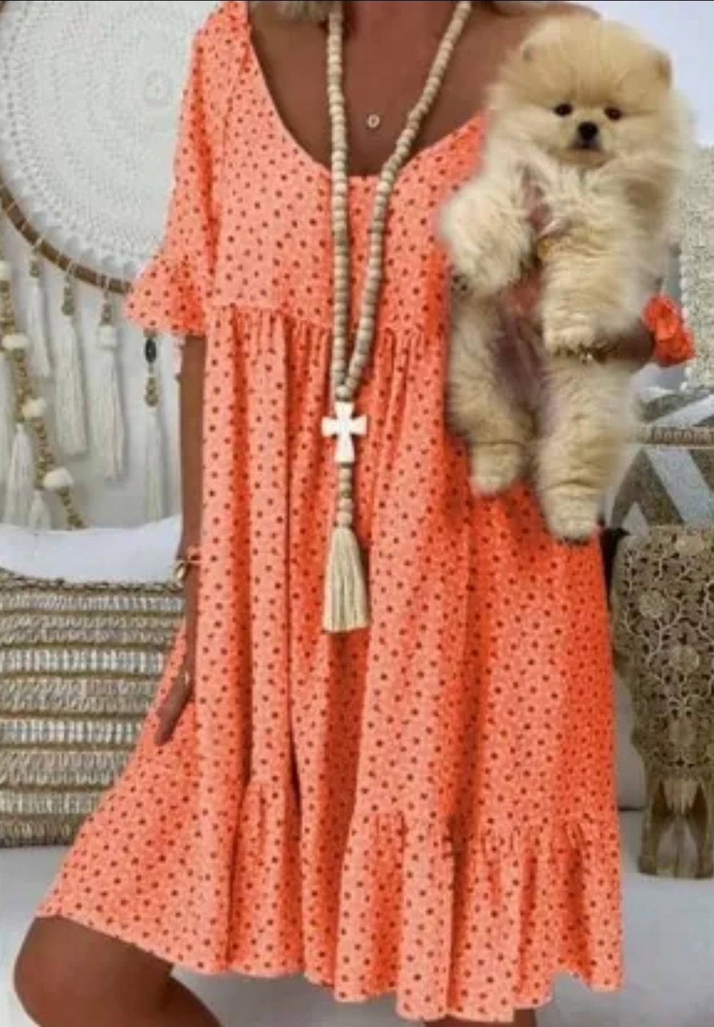 Polka Dot Ruffle Tiered Dress - Orange